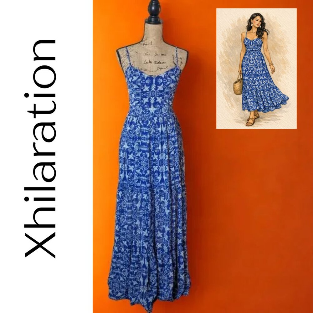 Boho Blue & White Floral Maxi Dress